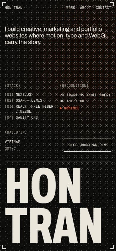Arm A mobile hero at 390×844: HON TRAN stacked over the dither shader with the recognition and contact block below